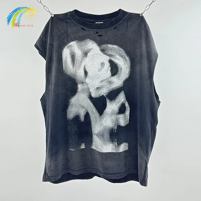 25SS Vintage Washed Black Damaged Hold Saint Sleeveless T-Shirt Men Women Cotton Loose Tank Dirty IMPRESSION OF LOVE Vest 260605