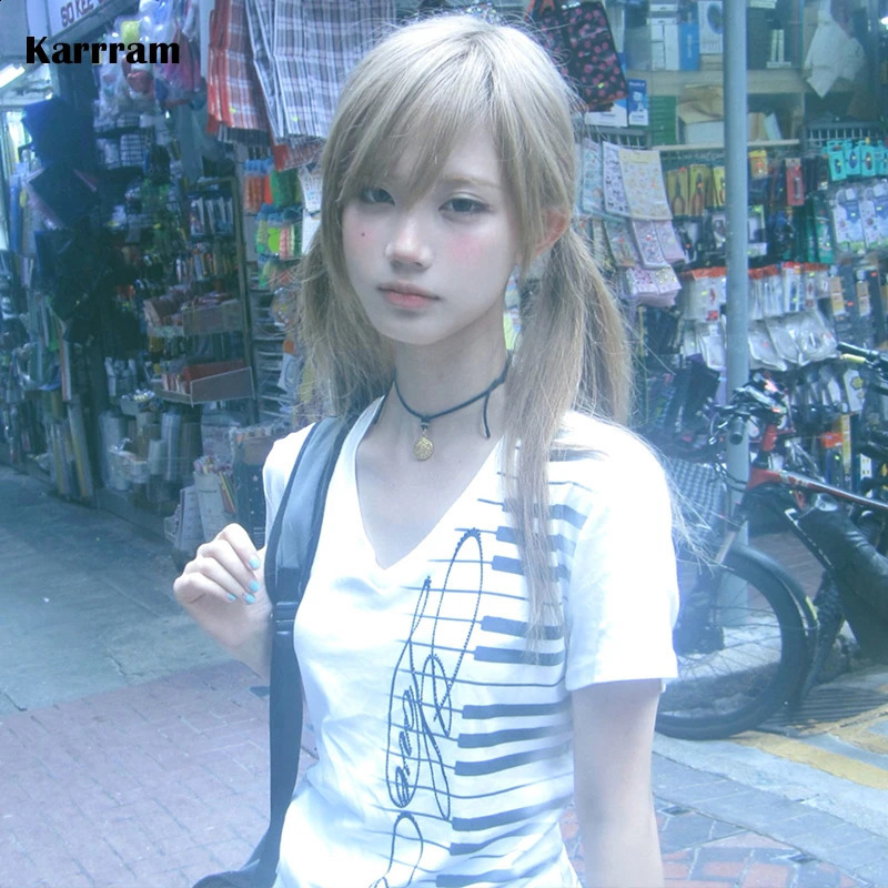 Karrram Japanese Y2k Piano Key Print T-shirt Vintage Harajuku V-neck Tops Trashy 2000s Style Short Sleeve T Shirt American Retro 260604bj