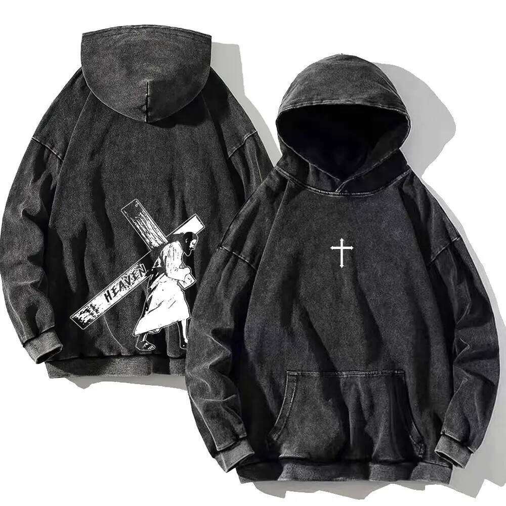 Men's Vintage Cotton Washed Hoodie The Cross of Jesus Print Hip Hop Hooded Sweatshirt Autumn Harajuku Loose Casual Pullover 26L0608