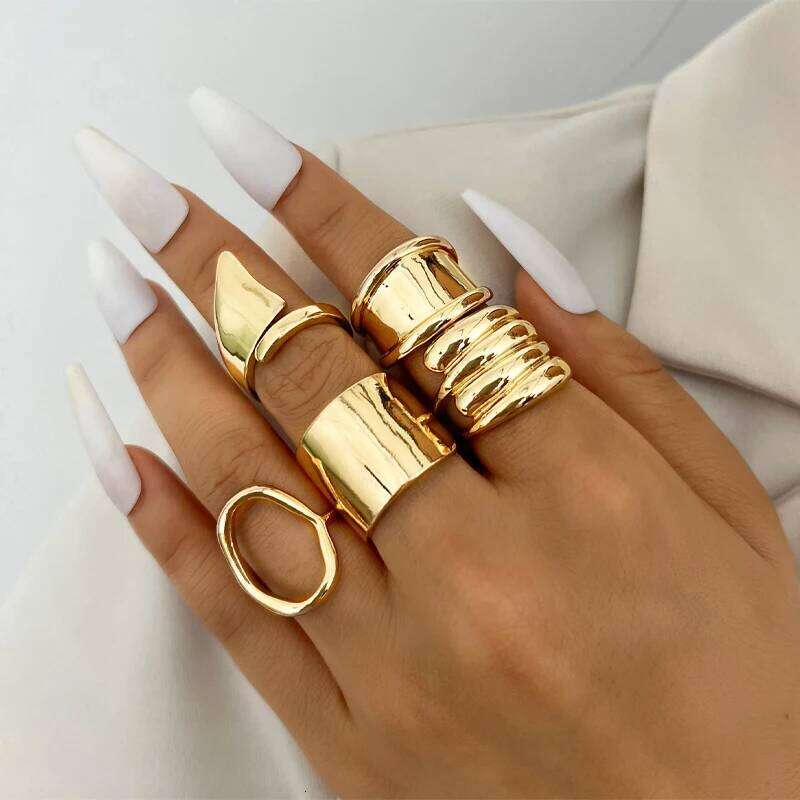 5Pcs/Set Fashion Irregular Geometric Open Rings For Women Men Punk Gold Silver Color Metal Adjustable Knuckle Joint Ring Jewelry