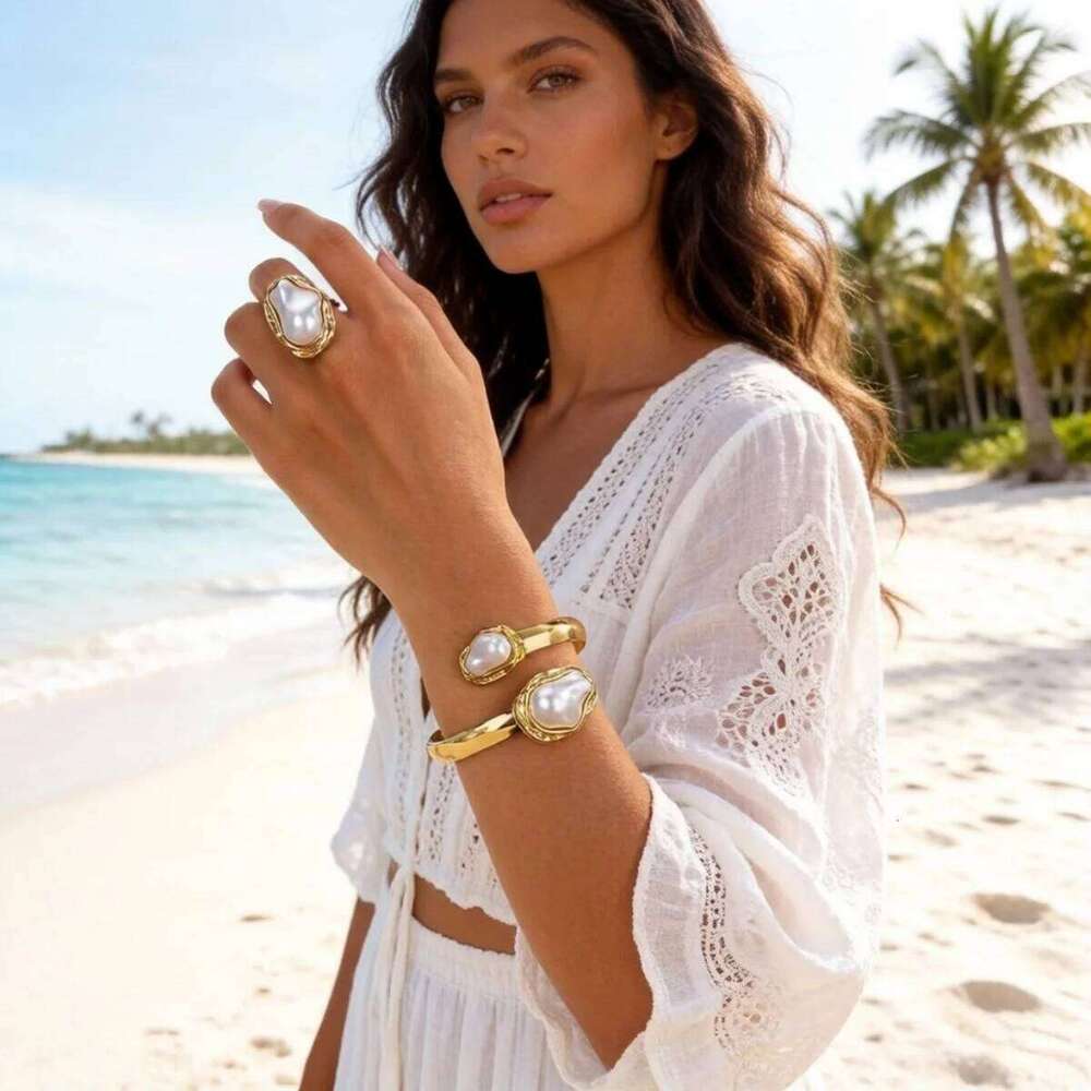 Simple Baroque Irregular Simulated Pearl Cuff Bracelet Ring Necklace Earrings For Women Men Elegant Geometric Jewelry Set