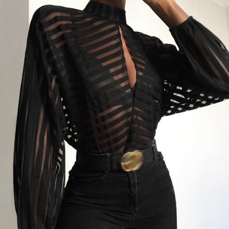 Women Mesh Lace Blouse Pull Long Sve Striped Mock Neck Back Button Sheer Shirt Loose Mesh See Through Wild Tops Clothes L260608