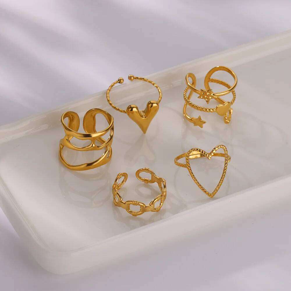 316L Stainless Steel Irregular Geometric Hollow Out Open Rings for Women Men Punk Gold Color Heart Ring Party Jewelry Gifts
