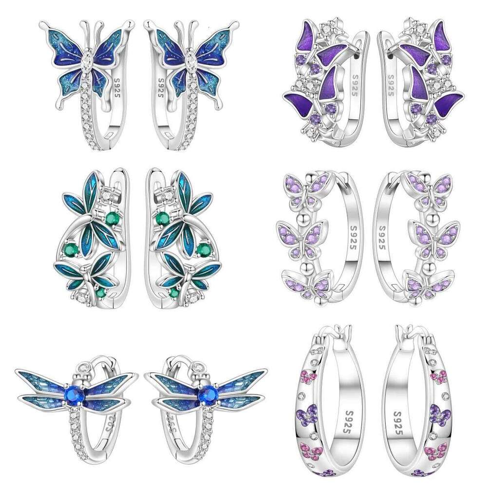 Orstarry S925 Sterling Silver Drop Insect Teal Dragonfly and Purple Butterfly Earrings For Women Birthday Jewelry Gift