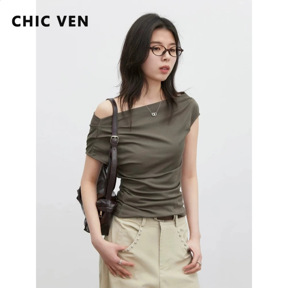 CHIC VEN Fashion Women TShirts Solid Korean Short Sleeve Slim Swing Collar Sloping Shoulder Ladies Top Pullover Summer 2026 260608