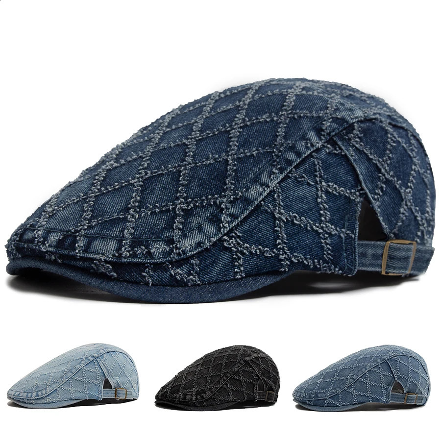 Denim Plaid Vintage Men Berets Washed Cotton Womens Beret Retro Casual Solid Color Flat Cap Summer Sun Visor Cap Adjustable 260603