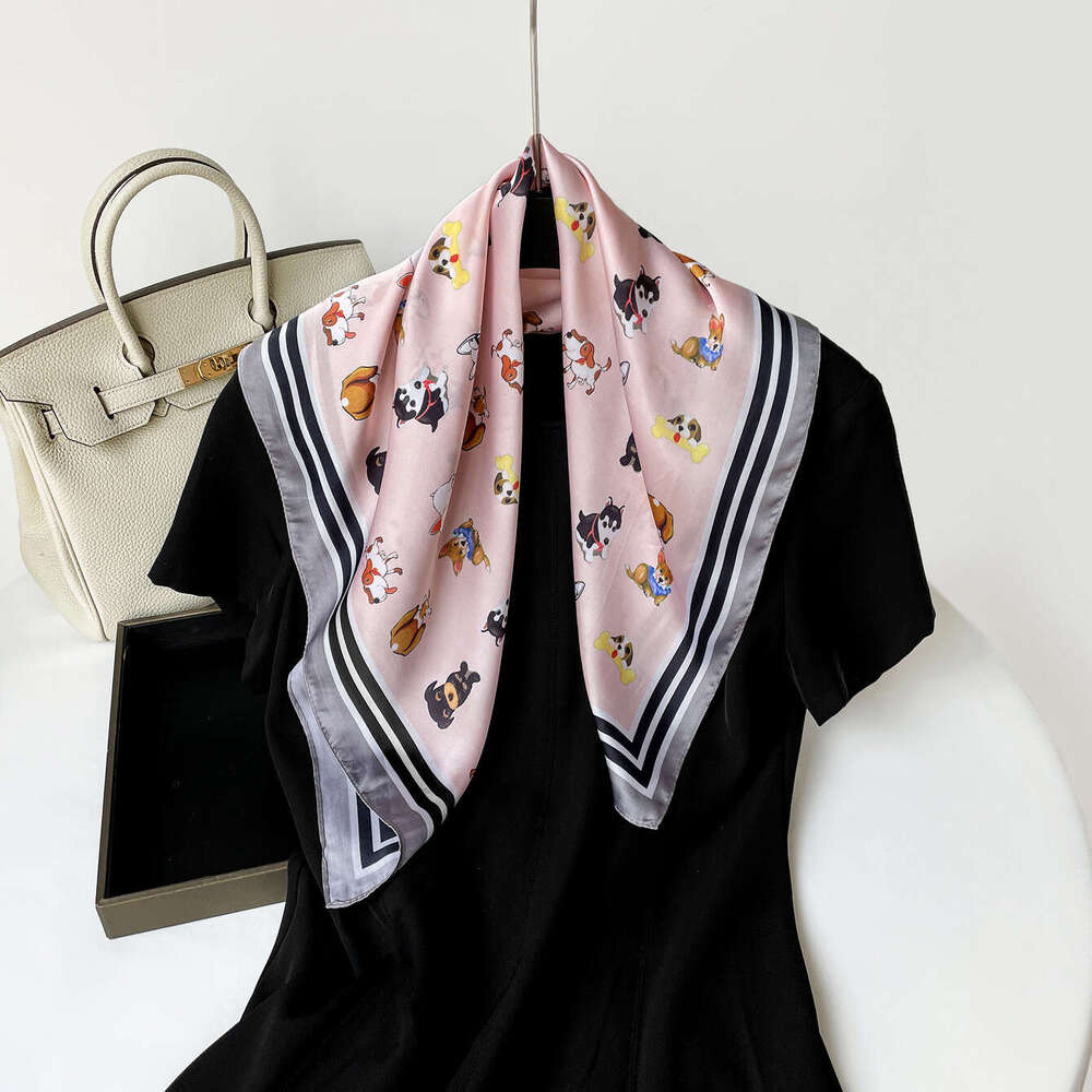 Spring New Silk 70Cm Square Wholesale Neck Scarf With Puppy Print, High-End Thin Style For Women Laotie Laotie