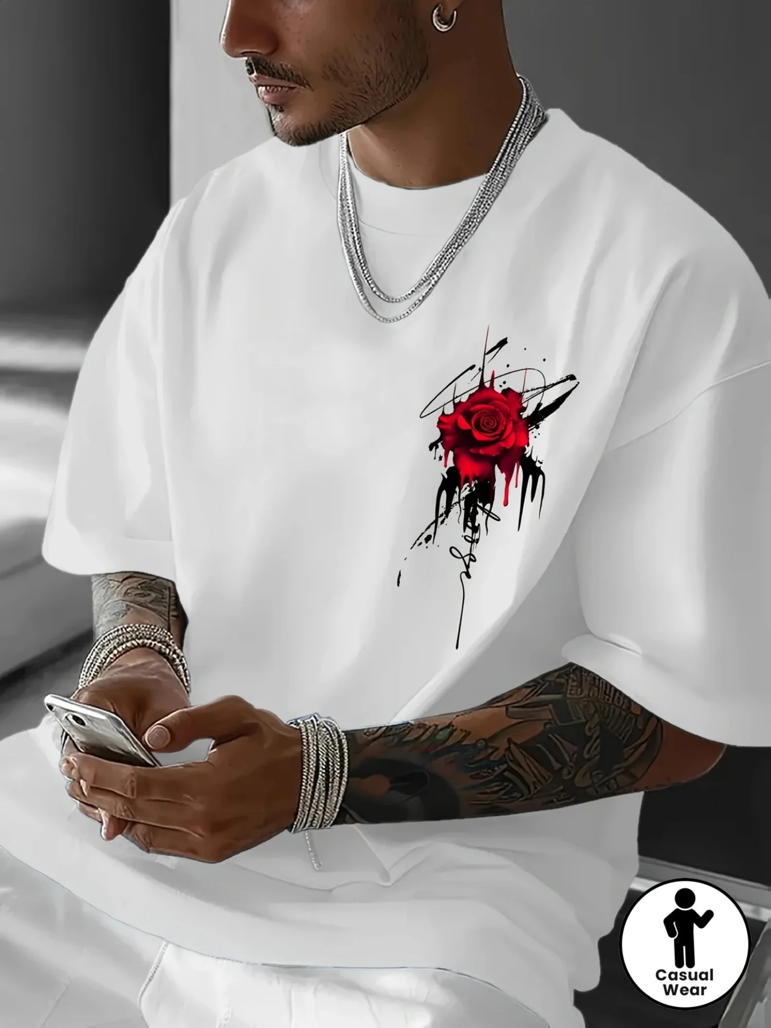 Urban Graffiti Style Tee with Red Rose and Black Ink Drip Graphic on White 100 Cotton Mens T-shirt Summer Casual Wear 260608