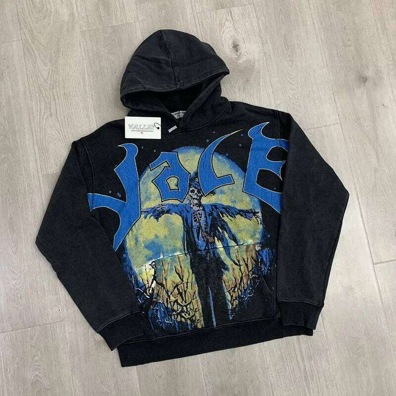 Front Pocket Big Letter Skull People Print Washed Hooded Hoodies for Men and Women Vintage Pullover Loose Cotton Sweatshirts 26Y0608