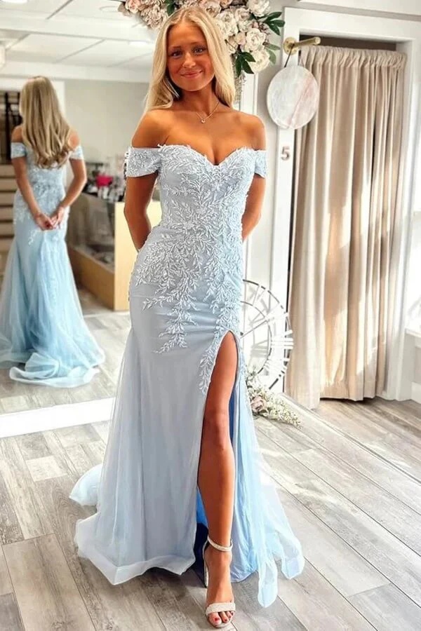 Bleu glace épaules dénudées dentelle appliques chérie fente haute sirène cour train maxi soirée robe de bal fête cocktail formel élégant sexy dou