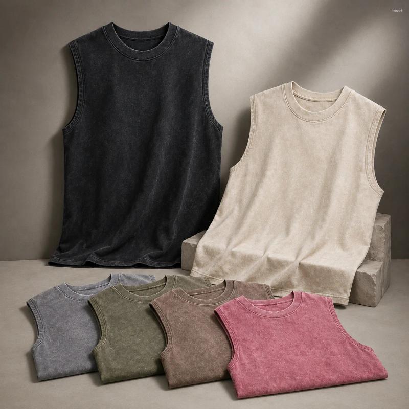 Men's Tank Tops Men Acid Washed Top 230G Cotton Sleeveless T Shirt Summer Vintage Muscle Gym Loose Shoulder Streetwear Beach Vest Tee