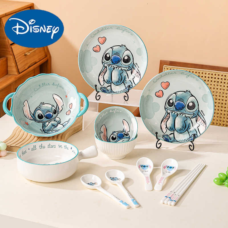 Disney Lilo Stitch cartoon bowl and plate set pasta bowl with handle microwave-safe childrens tableware L2606080CFG