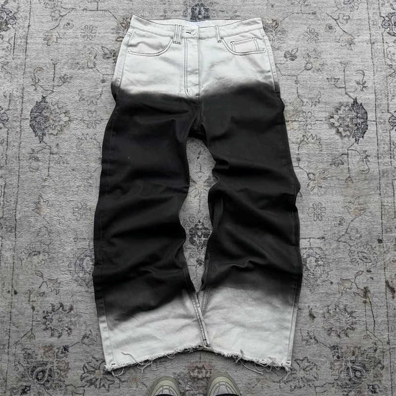 Jeans Black Vintage White Washed Gradient Loose Straight Leg Men Women Casual Streetwear S260608