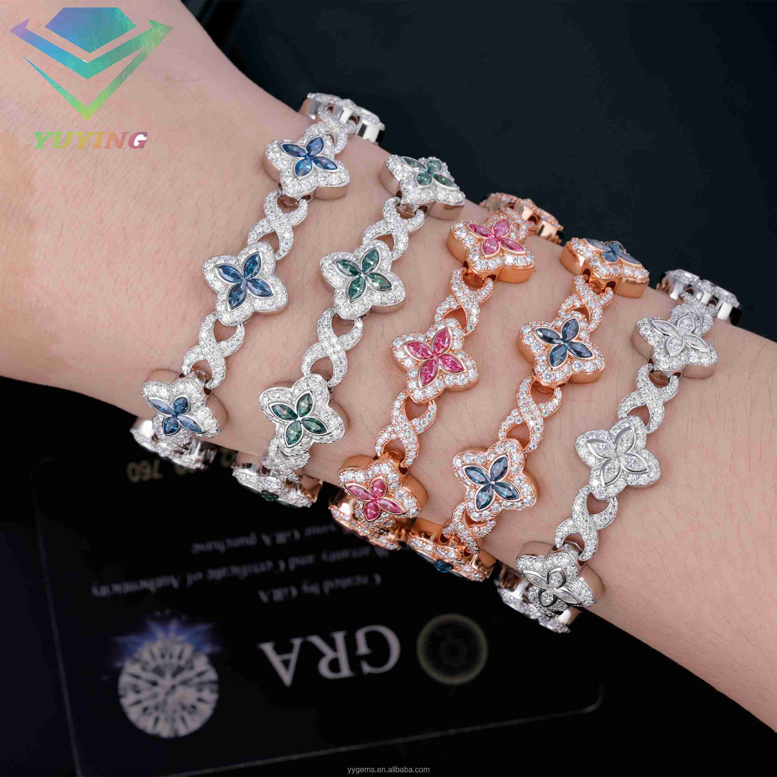 Fashion 18k Gold Plated with GRA Certificate S925 Sterling Silver Blue Pink Green Diamond Clover Cuban Moissanite Bracelet