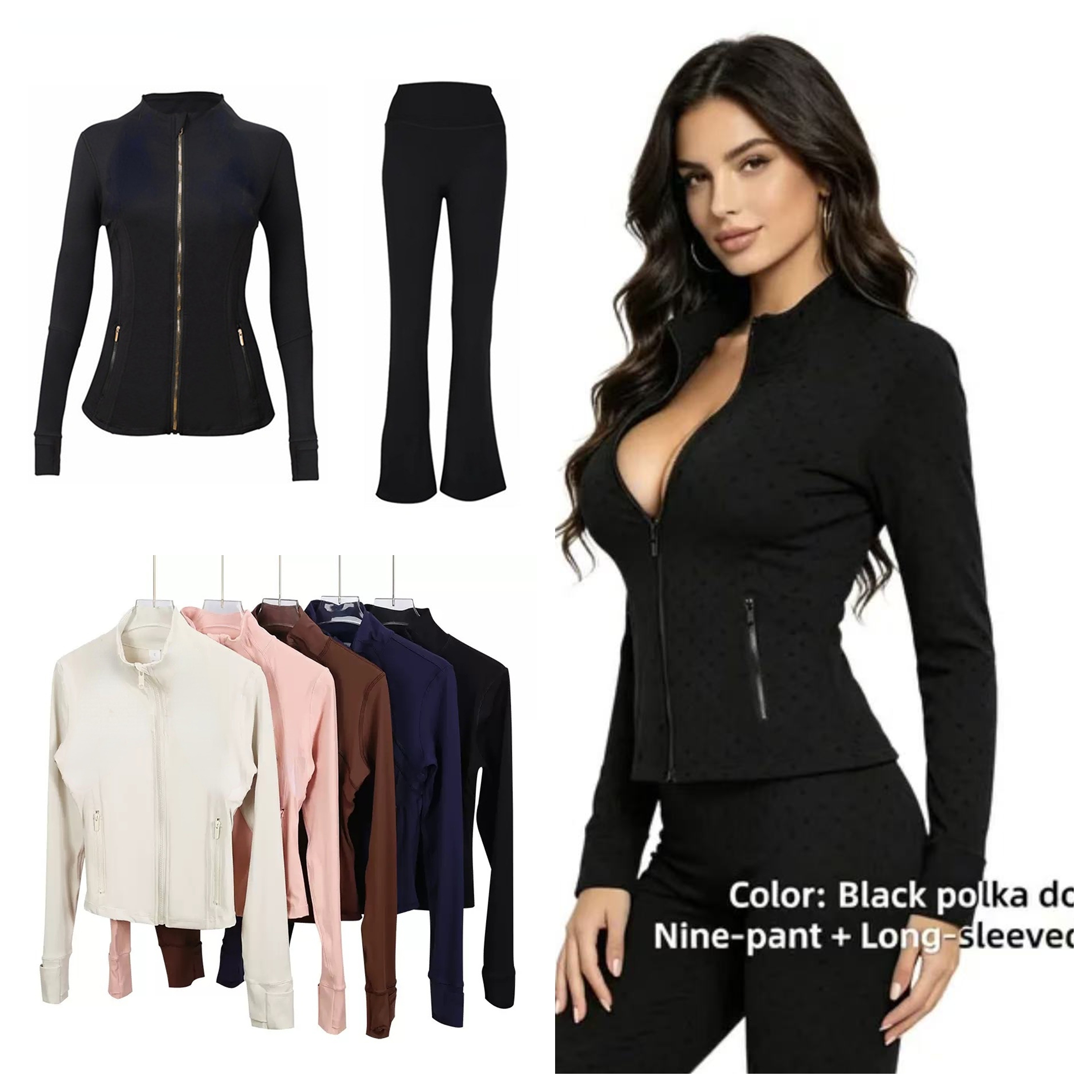 Womens Yoga Jacket sets Gold zipper leggings Hooded jacket Workout Sport Coat Fitness Jacket Sports Quick Dry Activewear Top Solid Zip-image-925173126