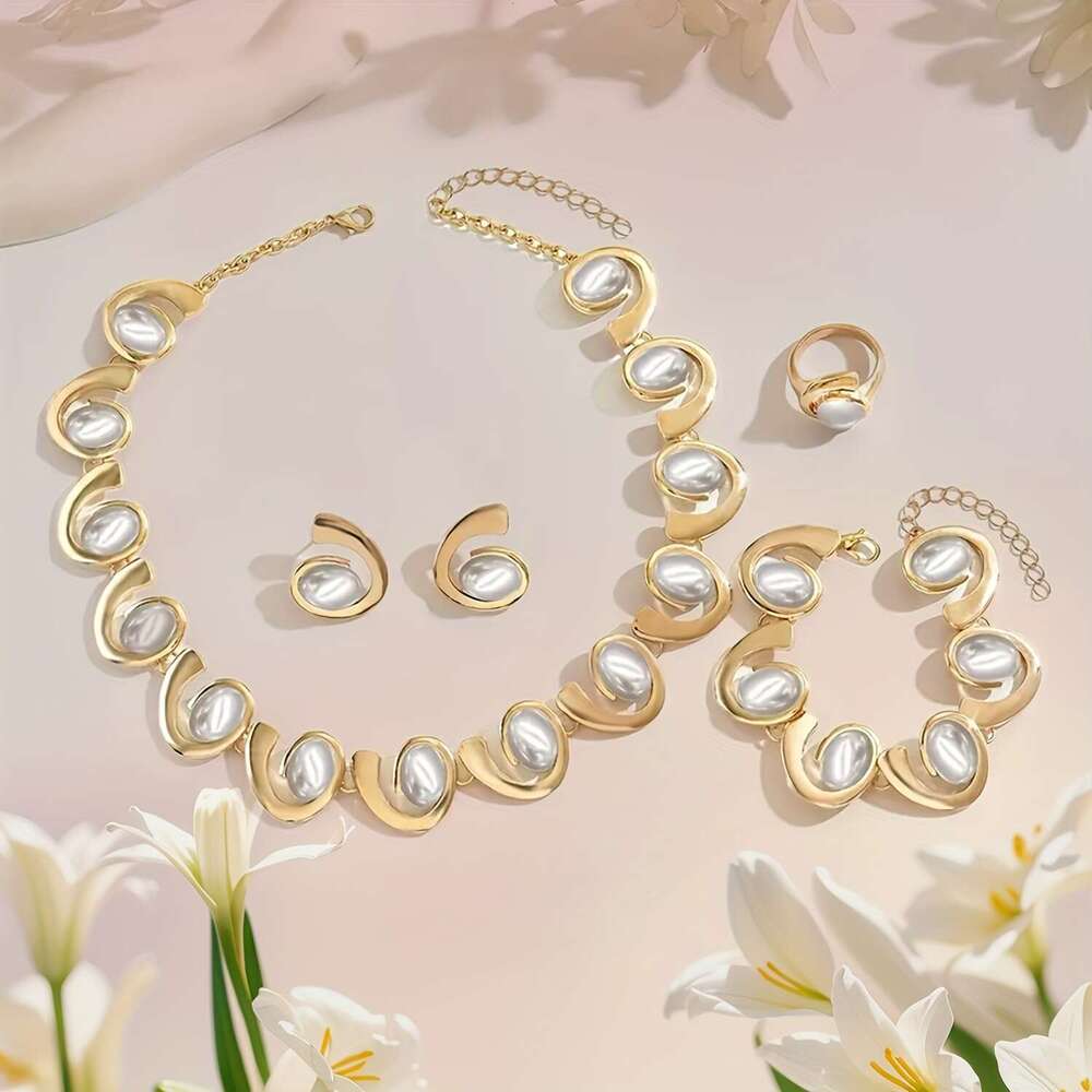 Women's French Style 5-Piece Acrylic Pearl Jewelry Set, Geometric Spiral Gold Plated Necklace Earrings Bracelet Ring Set