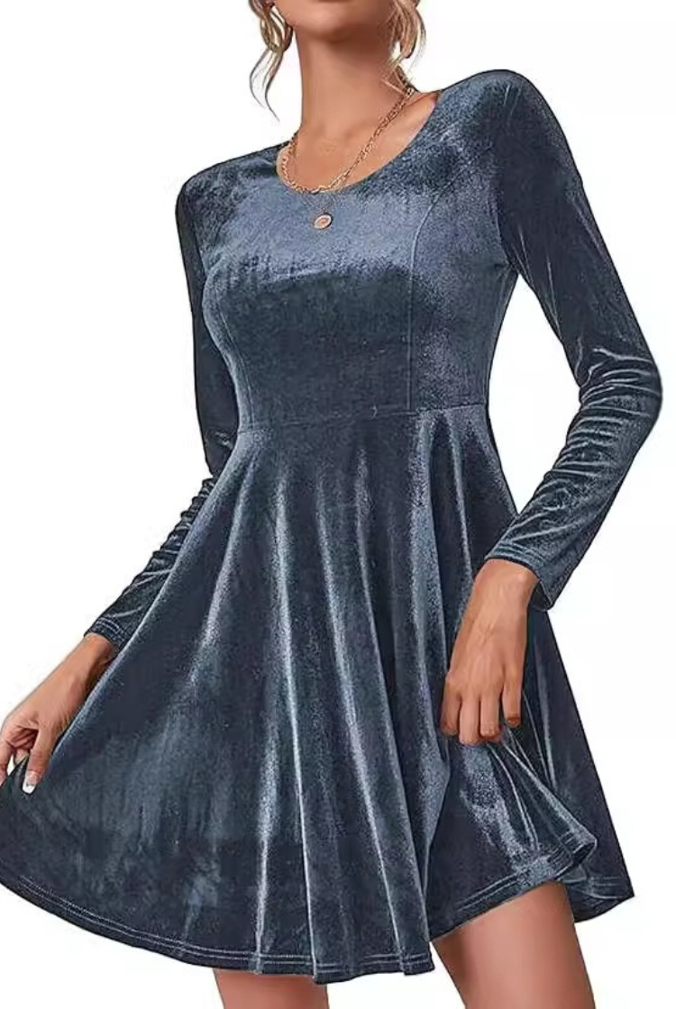 (250) Autumn and winter new women's long-sleeved round neck velvet dress black green-image-1109529649