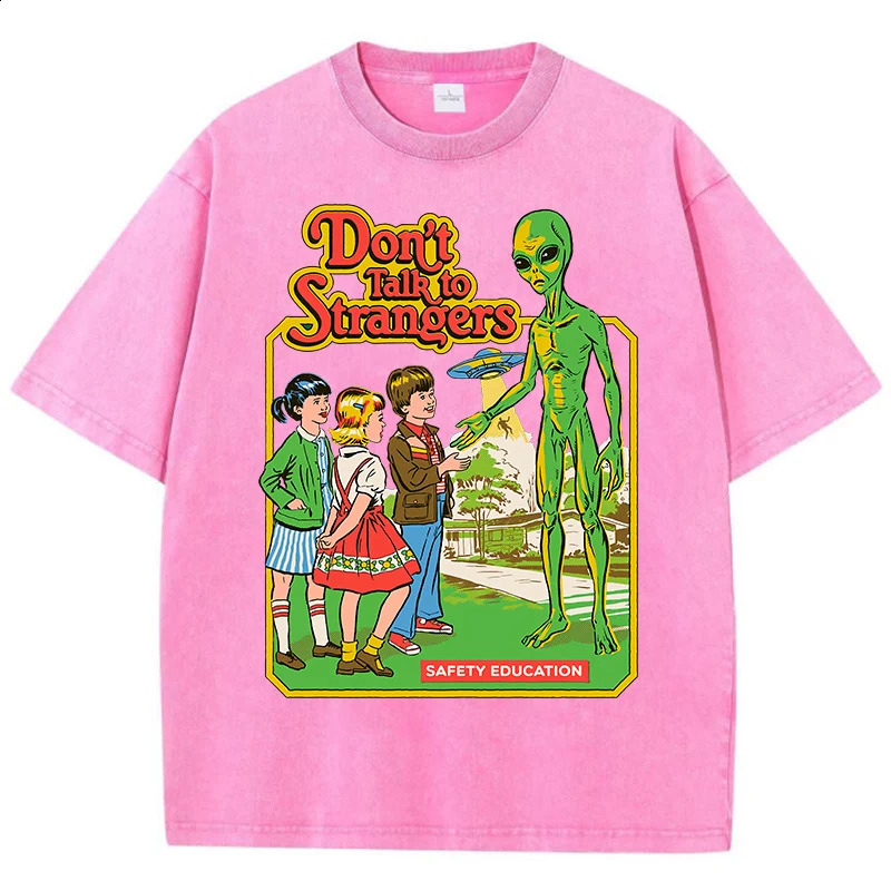 Cartoon Alien Classic Communication Print Women T-shirt Breathable Cotton Short Sleeve Washed Vintage Worn Out Female T Shirts 260608