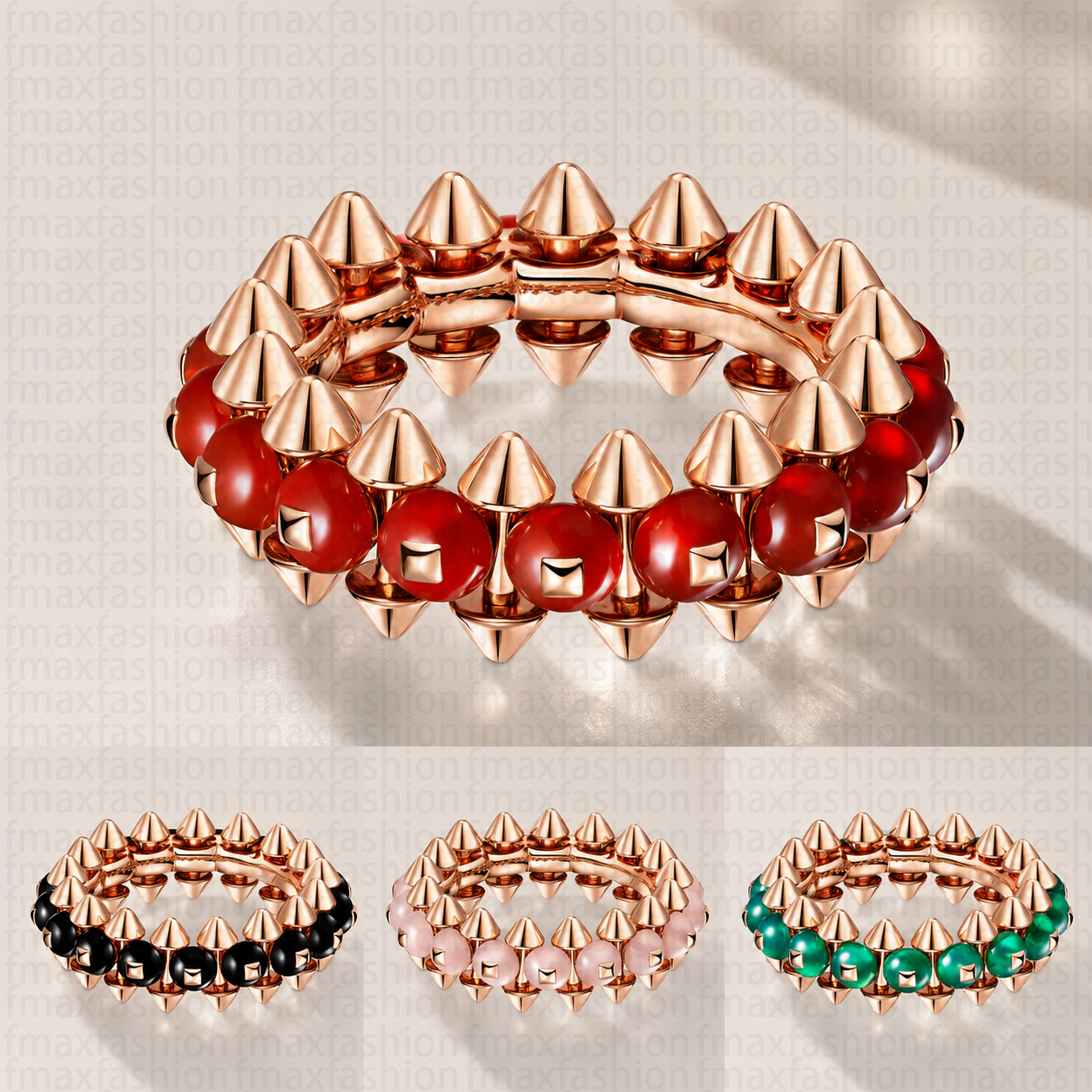 Double Row Spike Stud Ring Luxury Punk Beads Rings Rose Gold Plated Geometric Carnelian Onyx Agate Quartz Finger Rings For Women Men Jewelry Gift