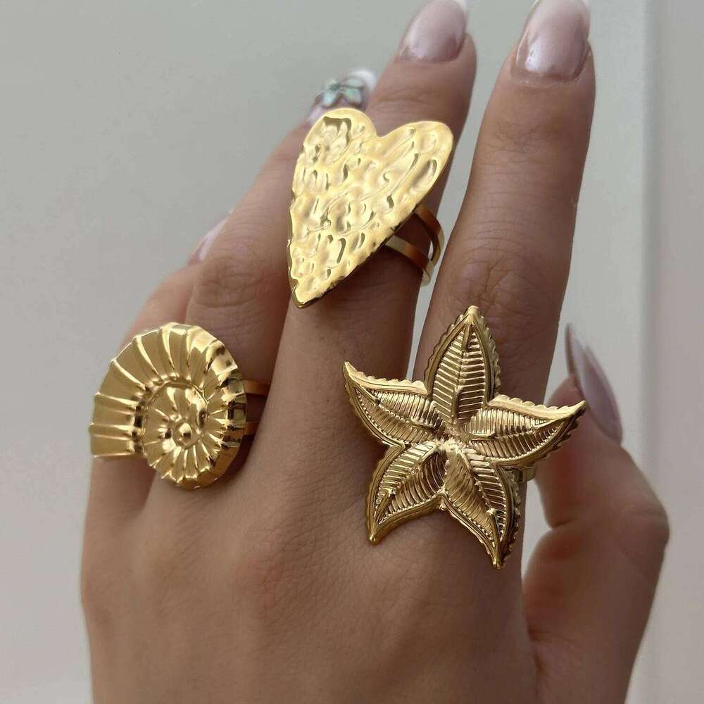 Exaggerated Geometric Heart Open for Women Stainless Steel Gold Plated Starfish Conch Ring Summer Party Jewelry Gifts