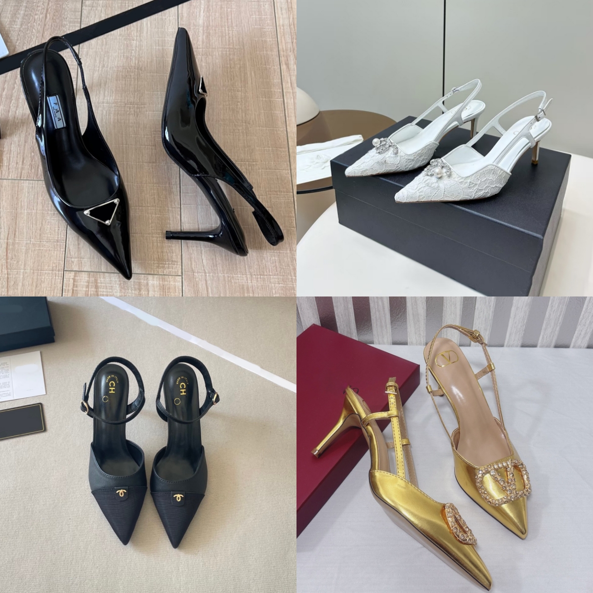 Designer women's pointed-toe high-heeled shoes with a triangular logo brand logo. Fashion leather slip-on high-heeled shoes for formal wear.