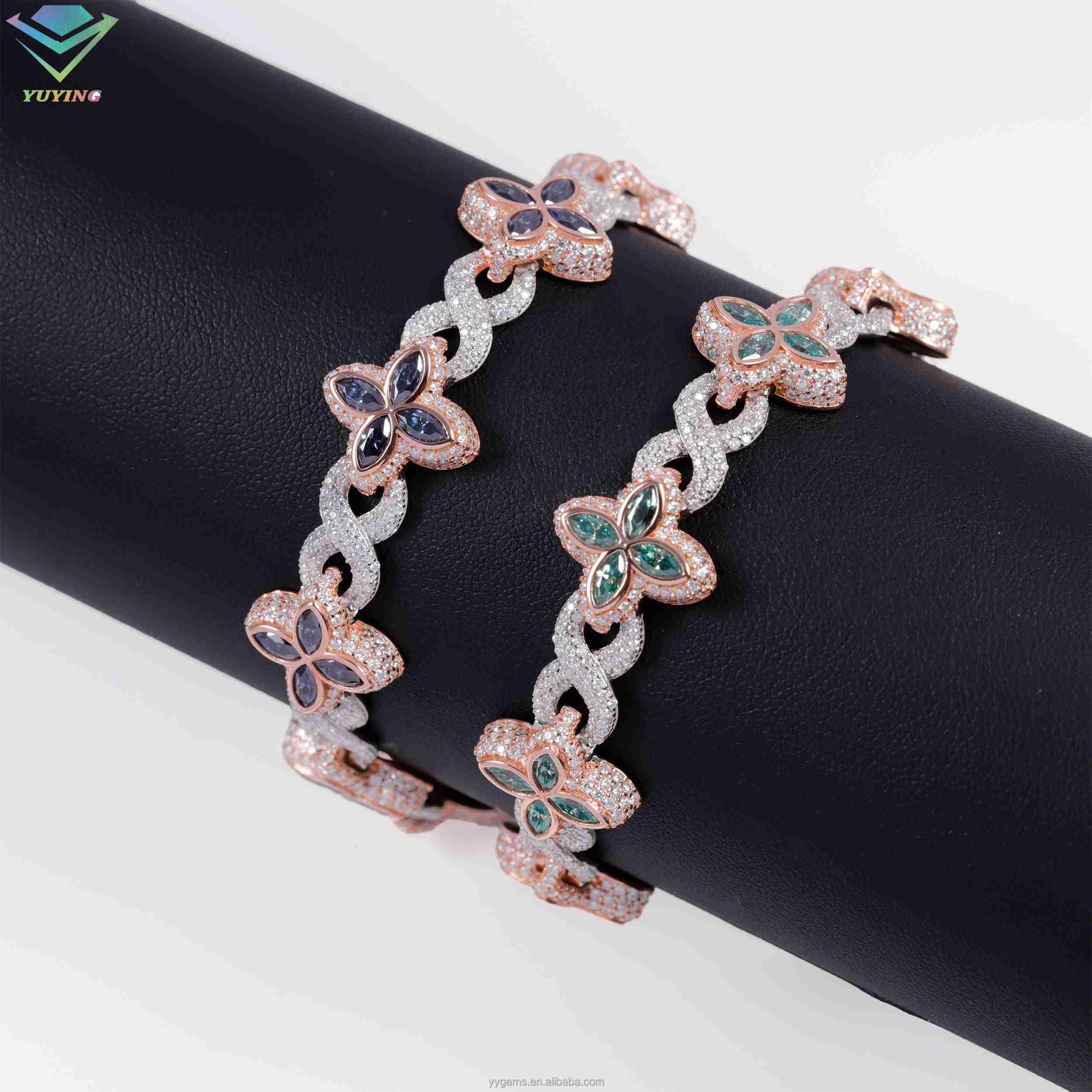 Hip Hop 18k Gold Plated S925 Sterling Silver Pink Green Blue with GRA Certificate Diamond Clover Moissanite Cuban Bracelet