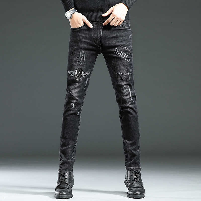 Personalized Classic Retro Embroidered Pattern Jeans Mens European And American Trend Stretch Straight Tube Washed Business Slim Fit Pants Youth S26