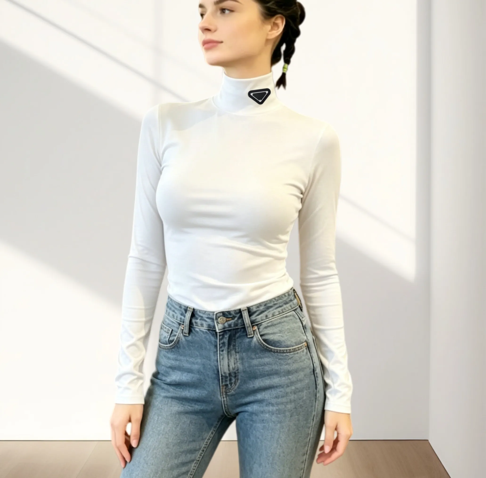 Fashion Designer Womens Long Sleeve Blouses Shirts Tops Women Blusas Sexy Slim Turtleneck Knitted Blouse Black and white Stretch T-shirt Bottoming S