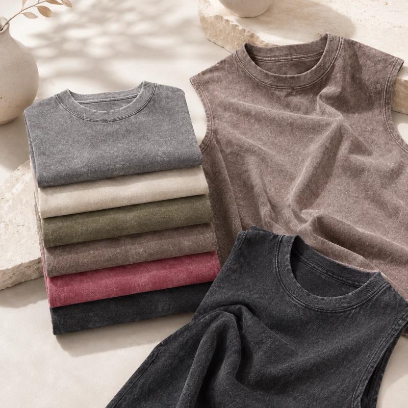 Men's Tank Tops 230G Cotton Men Washed Top Summer Sleeveless Muscle Gym Vest Vintage Distressed Loose Shoulder Streetwear Workout Tee