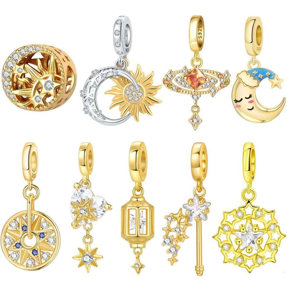 Orstarry S925 Sterling Silver Charm Exquisite Sparkling Star Moon Sun Pendant 18K Gold-plated For Bracelet DIY Jewelry Making