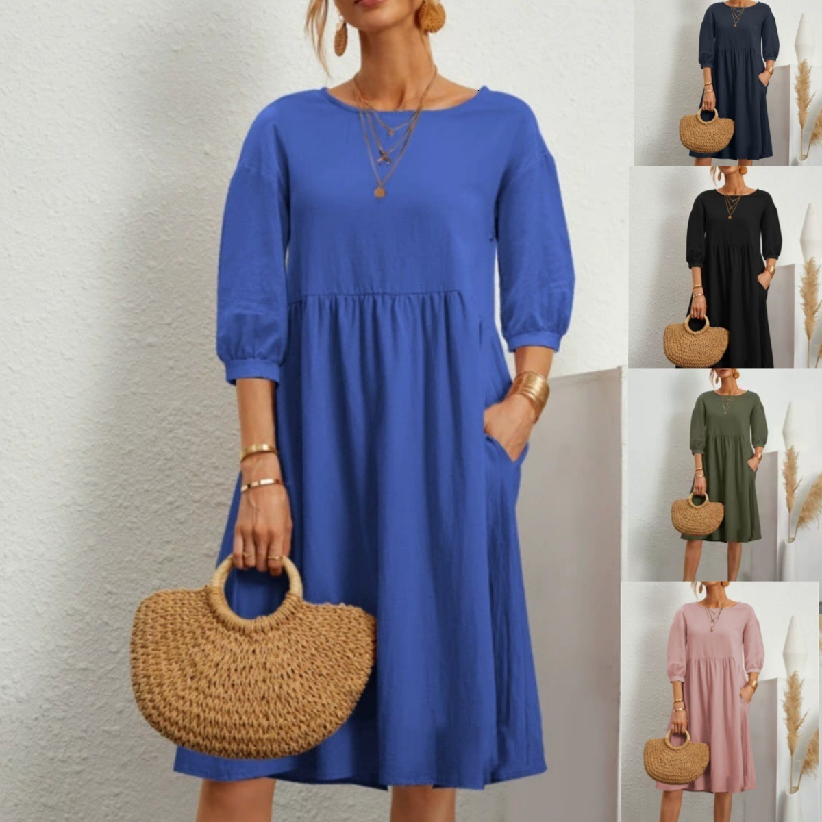 Designer Large stock available: European and American solid color lantern sleeve ruched loose cotton linen pocket dress 15 bc