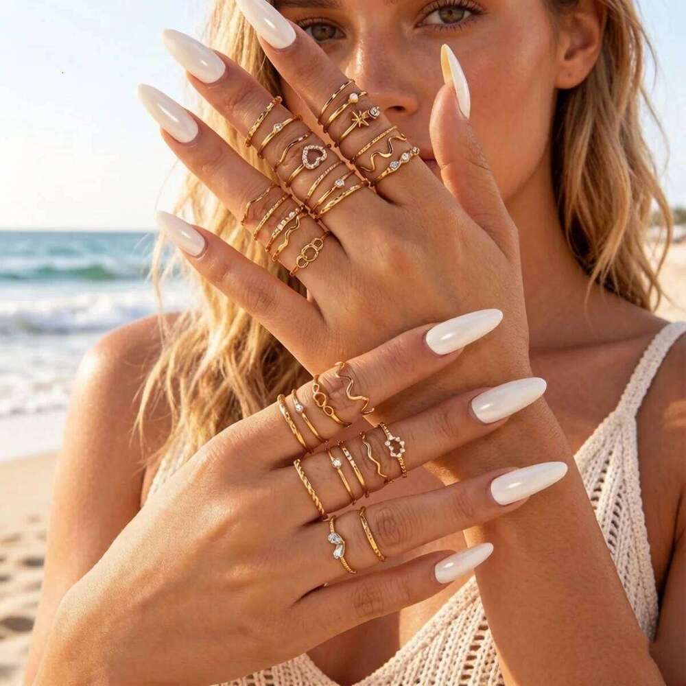 Minimalist Rhinestone Heart Wave Star Rings Set For Women Men Retro Geometric Metal Stackable Knuckle Finger Joint Ring Jewelry