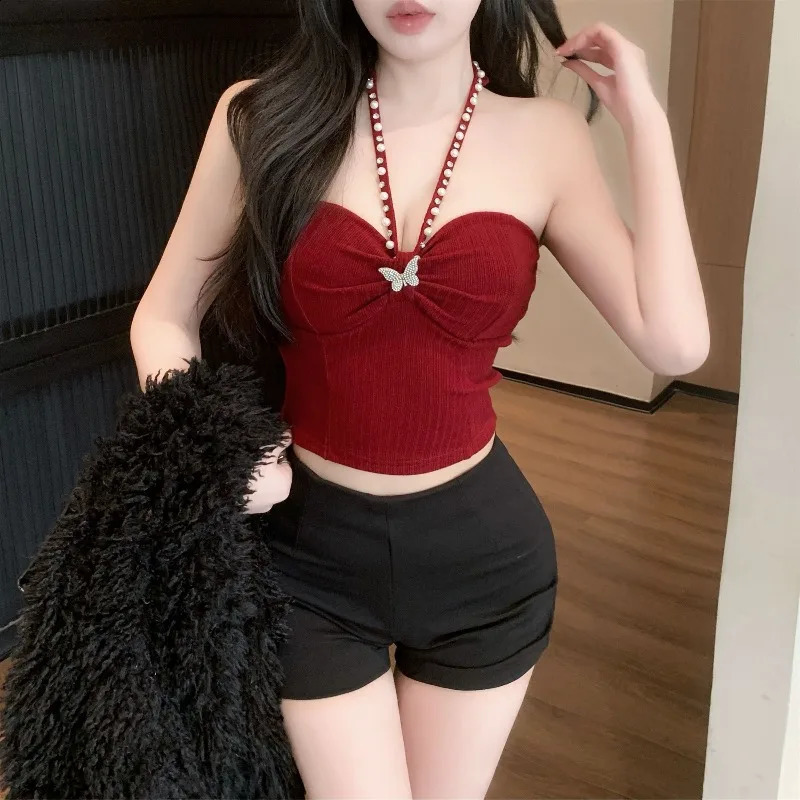 Women's Gothic Halter Top Heavyweight Rhinestone Cami Butterfly Brooch Slim Fit Short Crop Tank Y2K Streetwear 260603