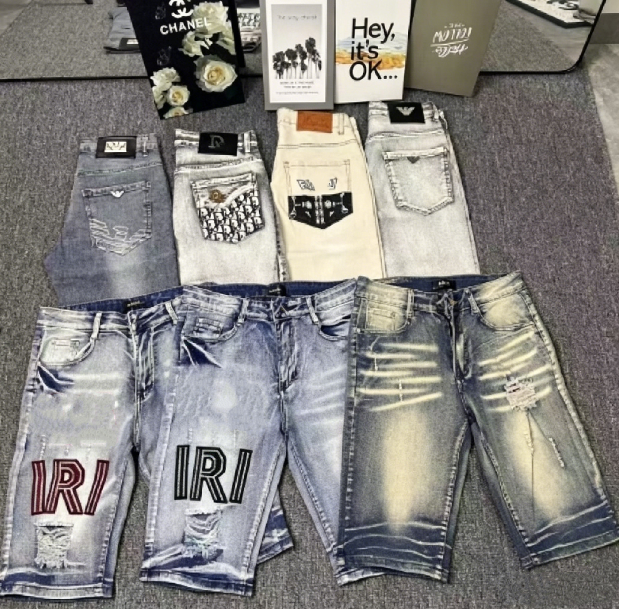 Men Jeans Shorts Holes High-End High Street Letter Embroidery Trendy Cotton Streetwear Stretchy Casual Straight-Leg Denim Shorts-image-1109519128