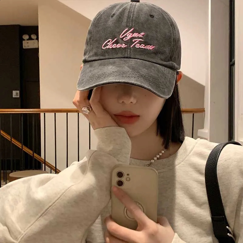 Vintage Washed Cotton Baseball Cap Women Letter Embroidery Adjustable Sun Hat Outdoor Sunshade Duck Tongue Caps 260608