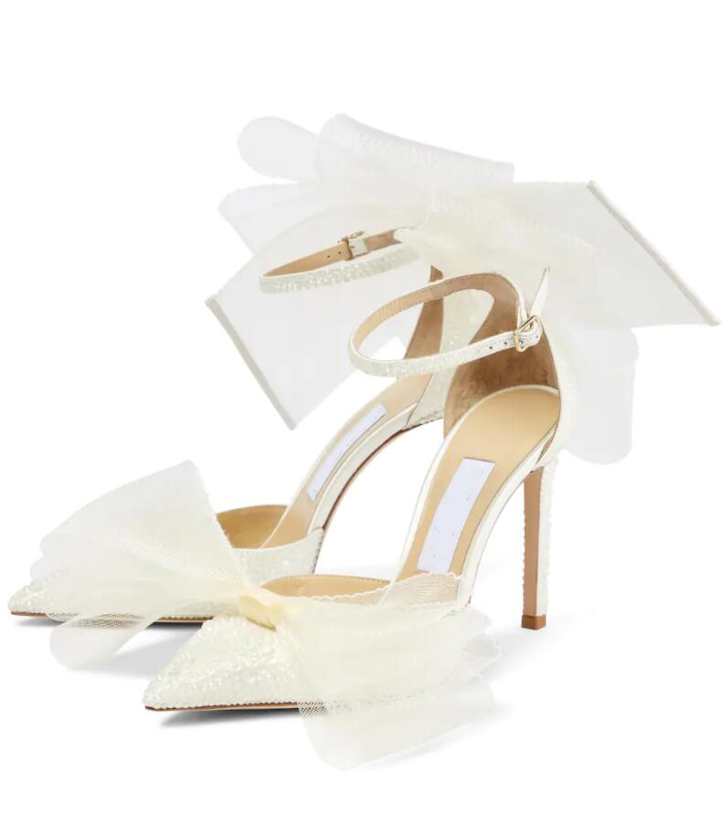 Elegant Sandals Shoes Sexy Pointed Toe Women High Heels Mesh Bows Gladiator Sandalias Stiletto-heel AVELINES Wedding Party Dress Evening White Rh