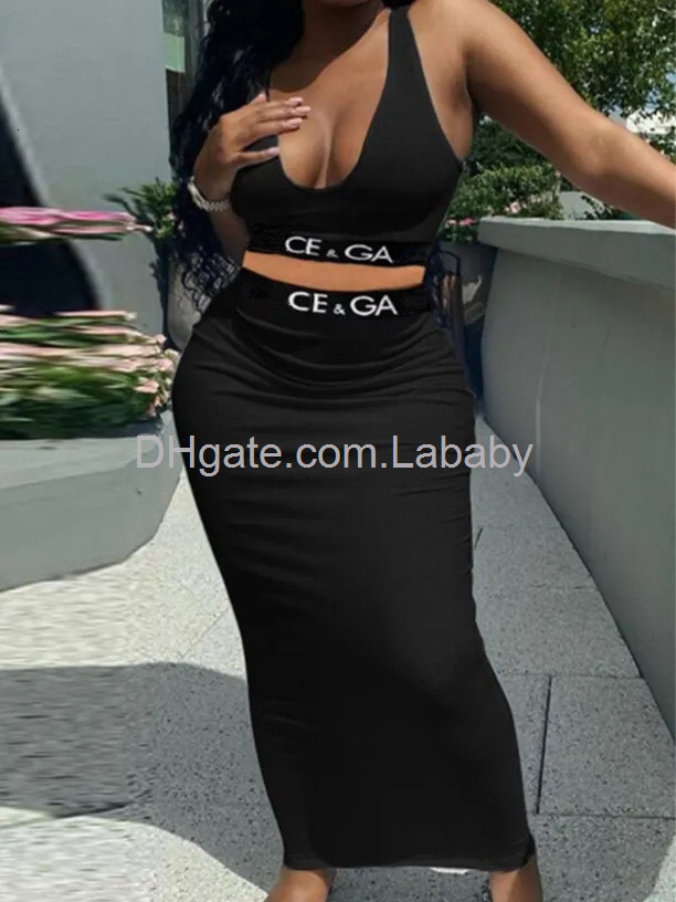 Été Robe de créateur Deux Pièces Jupe Ensemble Femmes Lettre Imprimé Débardeur Sans Manches Gilet Taille Haute Wrap Hanche Robes Longues Ensemble