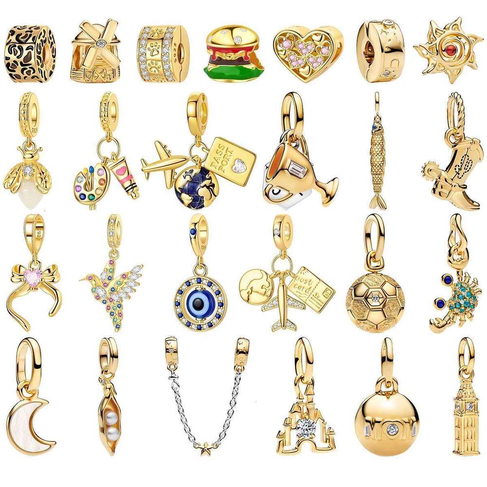 S925 Sterling Silver Golden Plated Paved Dangle Charm Spacer Bead Keychain Airplane Soccer DIY Bracelet Accessory Fine Jewelry