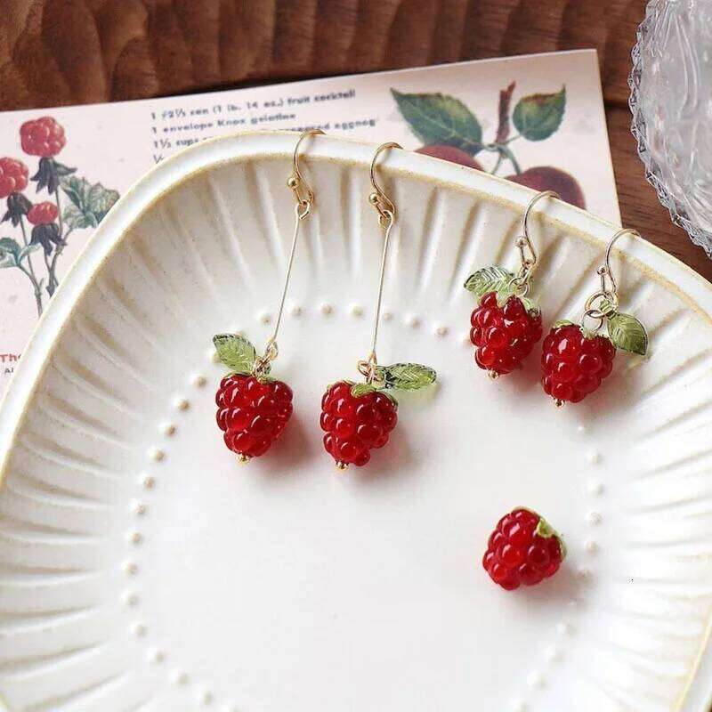 Lovely Small Raspberry for Women Green Leaves White Flower Red Berry Fruit Earrings Sweet Girl Summer Jewelry Gift