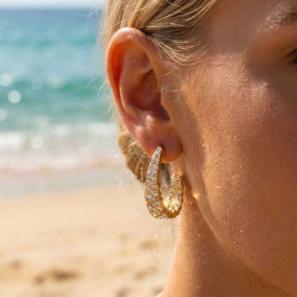 Bling Full Rhinestone C-shaped Hoop Stud Earrings For Women Men Fashion Dainty Geometric Circle Earring Wedding Party Jewelry