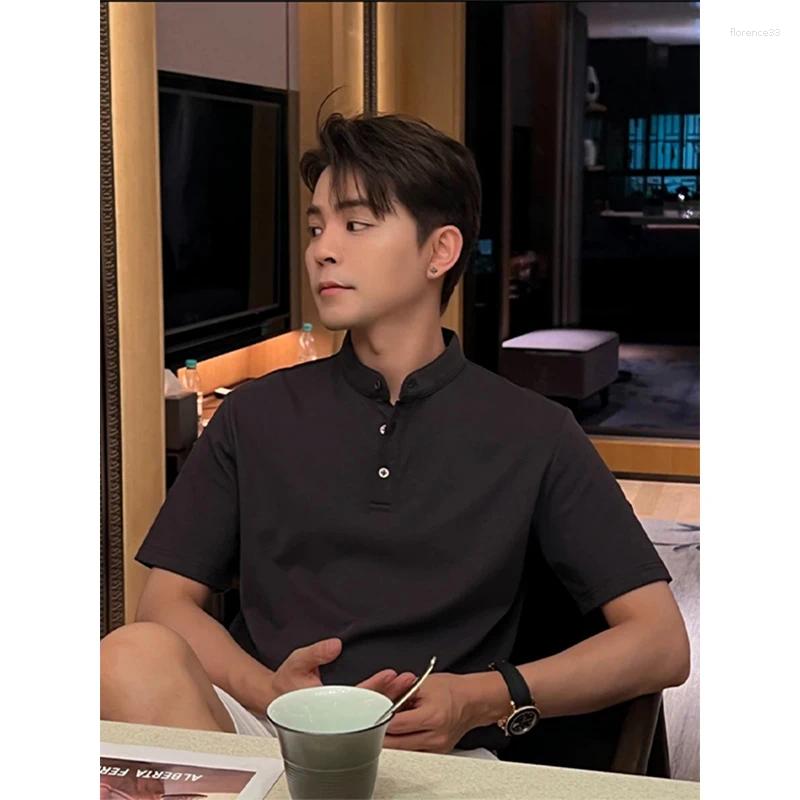 Men's Polos Deep Grey Henry Collar T-Shirt Summer Mature Stable Casual Short Sleeve Shirt Premium Feeling Business Leisure ...