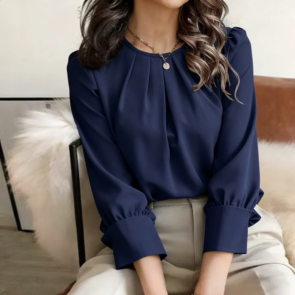 Womens Blouse Round Neck Long Sleeve Tops Solid Pleated Loose Elegant Spring Summer Casual Office Light 260608