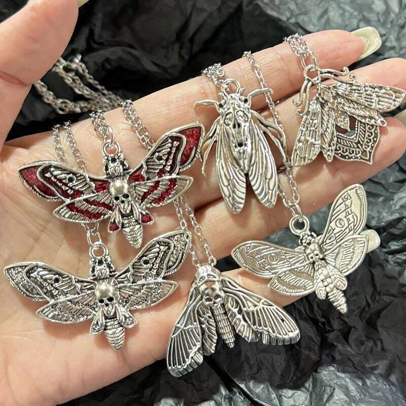 Vintage necklace Gothic witch accessories Insects butterfly Pagan Moon Phase Moth Pendant jewelry