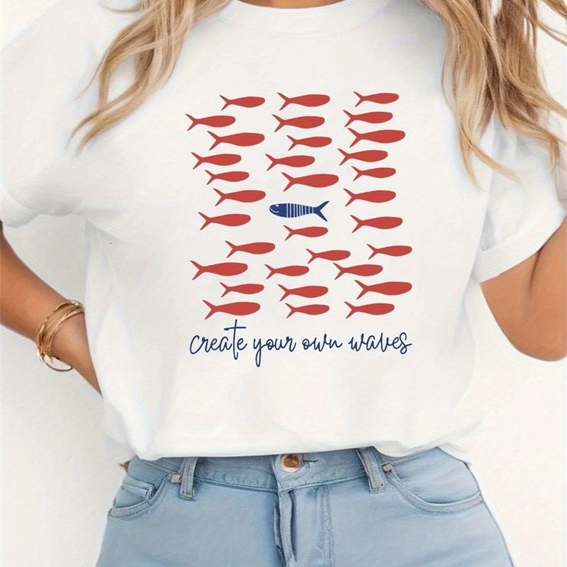 Womens Create Your Own Waves Graphic TShirt Red Fish Blue Letter Print Casual Crew Neck Top Short Sleeve Summer Clothing y260529