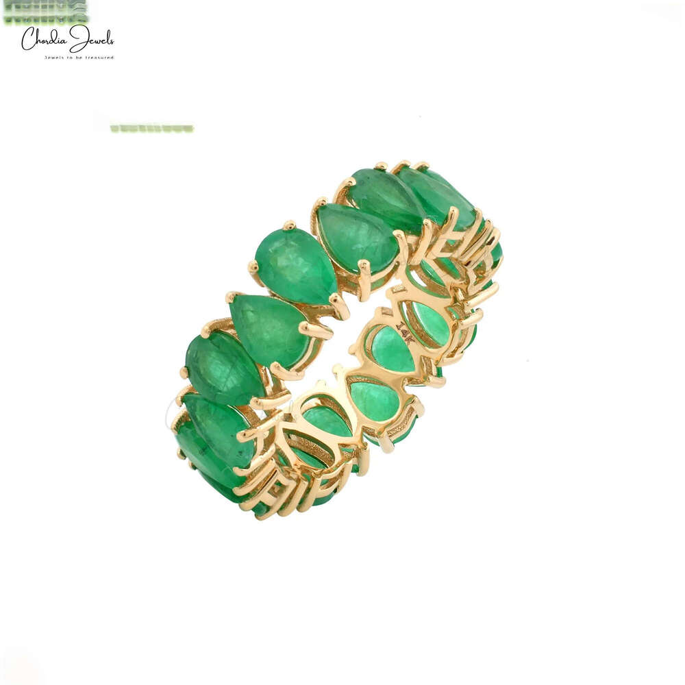Factory Custom Pear Cut 100 Authentic Emerald Green Gemstone Eternity Band Ring 14k Pure Yellow Gold Rings Jewelry for Women