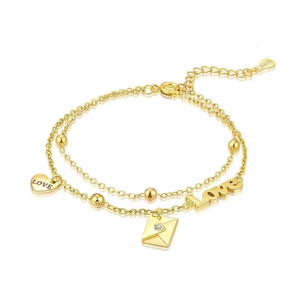 Orstarry S925 Sterling Silver 18K Gold-plated Adjustable Envelope Love Heart Bracelet Chain Charms Jewelry Gift
