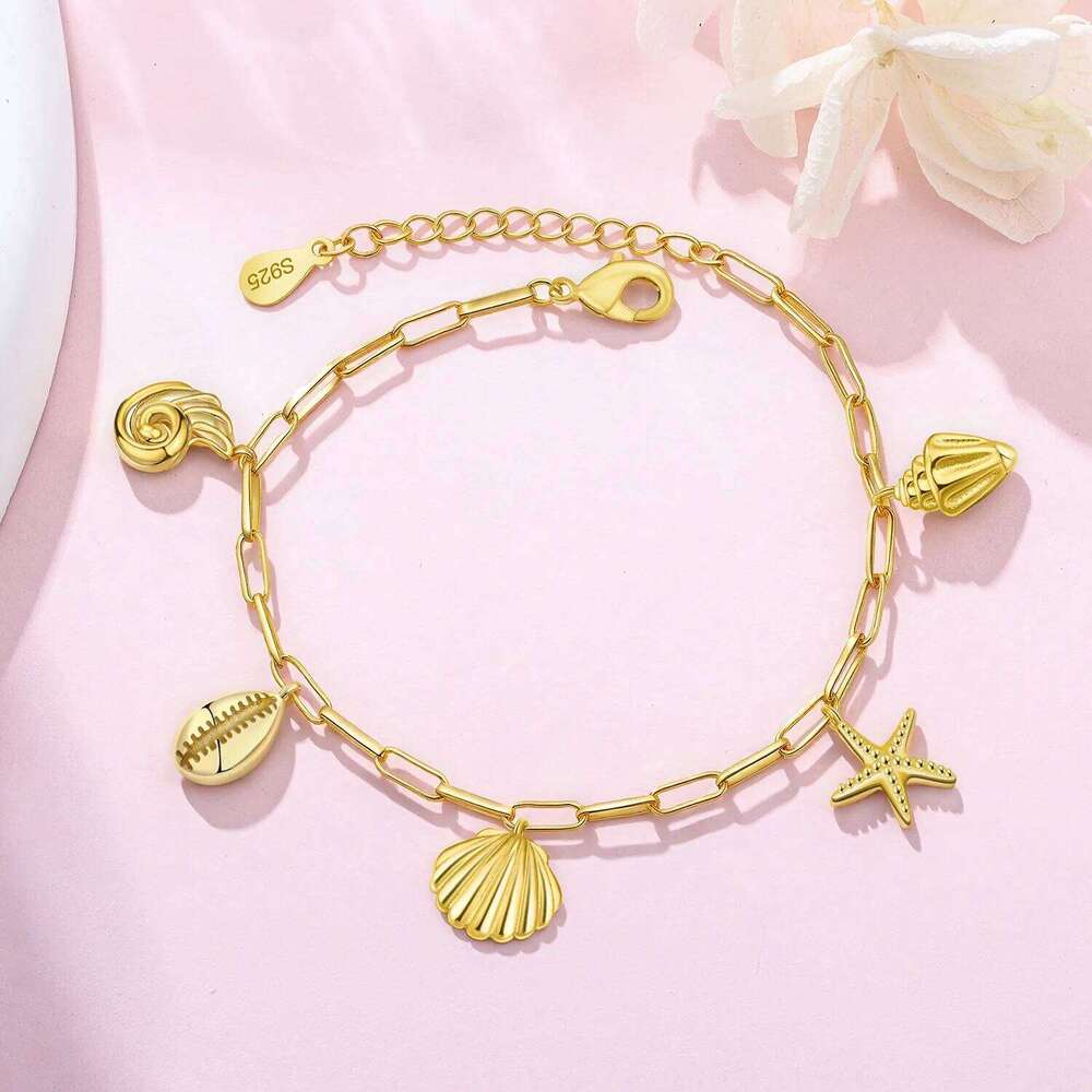 Orstarry S925 Sterling Silver Shell Sea Star 18K Gold-plated Adjustable Bracelet Chain Charms Jewelry Gift