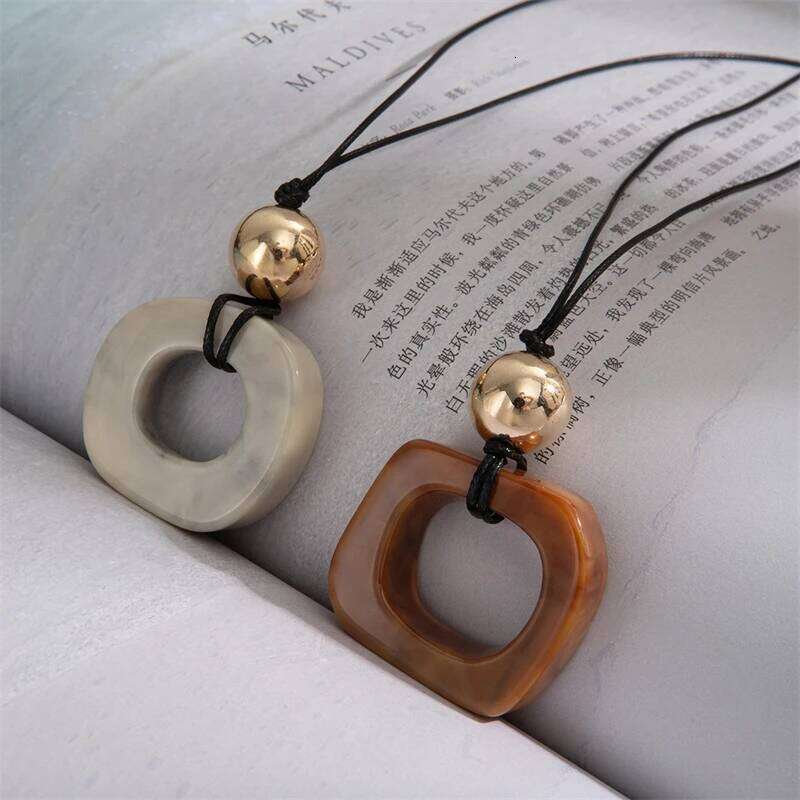 Minimalist Fashion Geometric Square Round Pendant for Women Men Lightweight Hollow Resin Long Sweater Chain Necklace