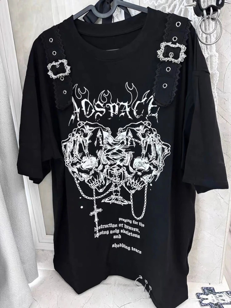 Yabi tie Gothic Dark Vintage Tops Subculture Y2k Print Short Sleeves Loose T-shirt Women Black Casual Clothes 2000s Chic Tees 260604bj