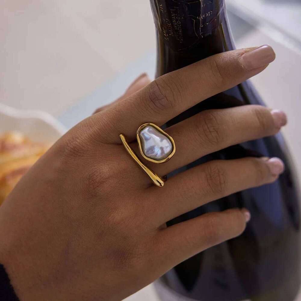 18K Gold Plated Stainless Steel Ring Adjustable Open Unique Irregular Baroque Pearl Waterproof Hypoallergenic Gift